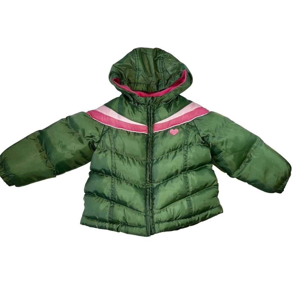 Weather Tamer Toddler Girls‎ Green Puffer Jacket Hooded Pink Trim Heart 24M